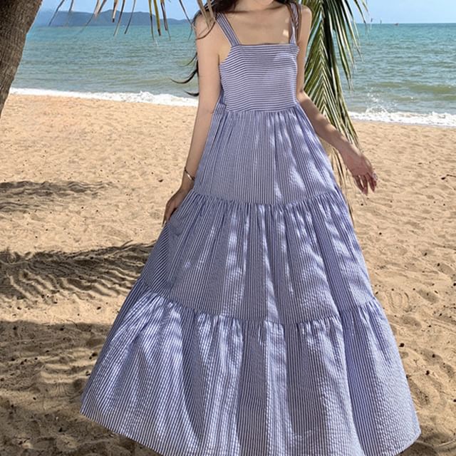 Dress Maxi Spaghetti Striped Square Ruffle Strap Neck Sun