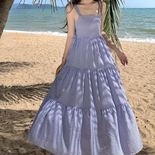 Dress Maxi Spaghetti Striped Square Ruffle Strap Neck Sun