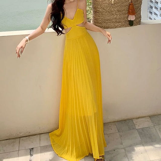 Dress Chiffon Spaghetti V-Neck Maxi Cutout Pleated Strap