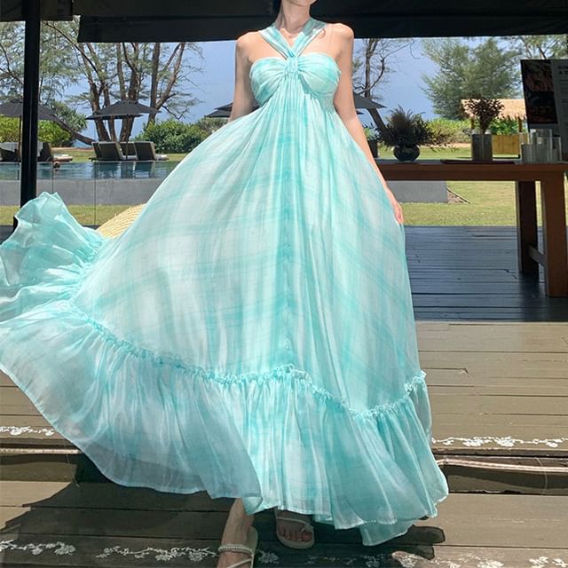 Neck Hem Dye Ruffle Dress Maxi A-Line Tie Halter