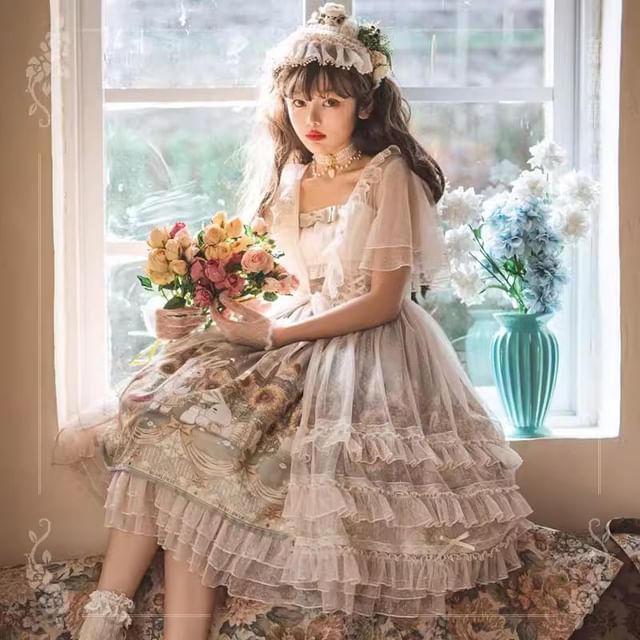 Robe trapèze mi-longue à bretelles spaghetti Lolita imprimé lapin / jupe jupon / veste légère à manches courtes avec volants en pointillés et bordure en dentelle / chaussettes / ensemble