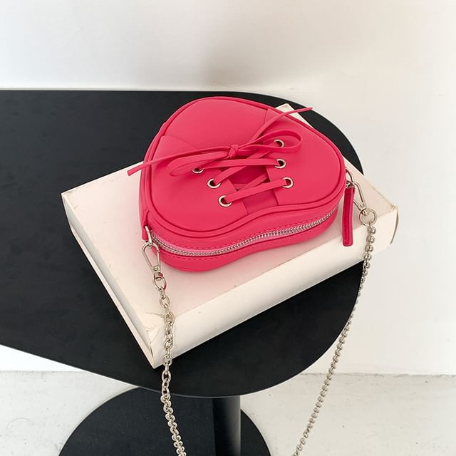 Leather Lace-Up Faux Crossbody Strap Bag Shaped Heart Chain