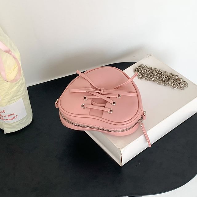 Leather Lace-Up Faux Crossbody Strap Bag Shaped Heart Chain