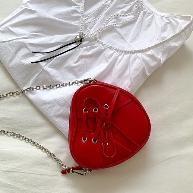 Leather Lace-Up Faux Crossbody Strap Bag Shaped Heart Chain