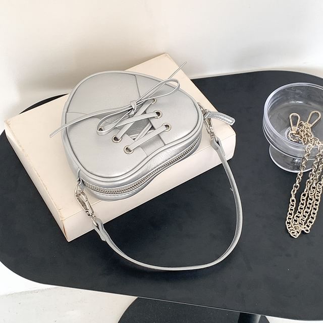 Leather Lace-Up Faux Crossbody Strap Bag Shaped Heart Chain