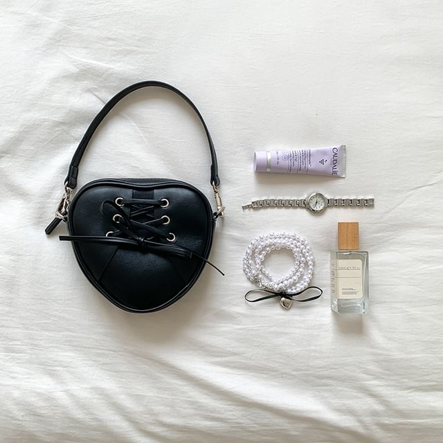 Leather Lace-Up Faux Crossbody Strap Bag Shaped Heart Chain