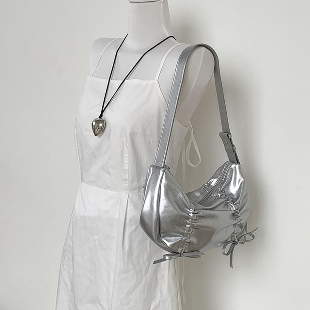 Shoulder Faux Bag Drawstring Plain Leather