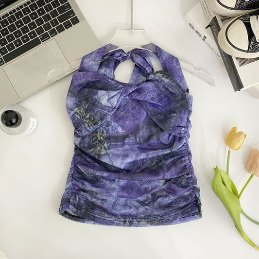 Neckholder-Top mit gerüschtem Muster und Print