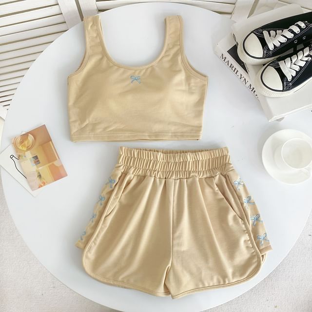 Set: Scoop Neck Bow Embroidered Padded Crop Tank Top + Elastic Waist Sweat Shorts