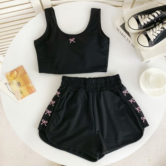 Set: Scoop Neck Bow Embroidered Padded Crop Tank Top + Elastic Waist Sweat Shorts