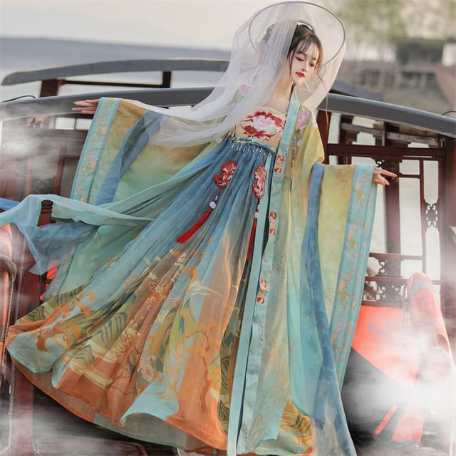 Set: Floral Embroidered Hanfu Maxi Dress + Long Light Jacket + Scarf + Fish Hanging Deco