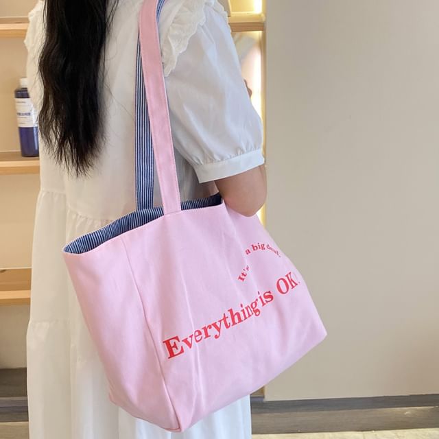 Lettering Print Canvas Tote Bag