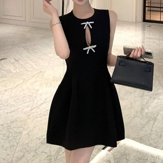 Dress Neck Mini Plain Bow Rhinestone A-Line Cutout Round Sleeveless