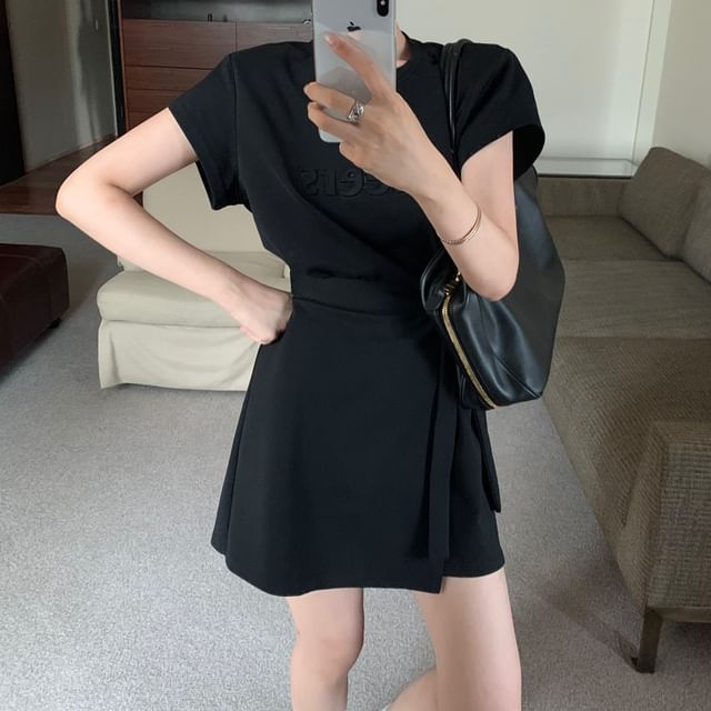 Crew Lettering Plain Embossed Dress Mock Piece Neck Short-Sleeve Two Mini A-Line