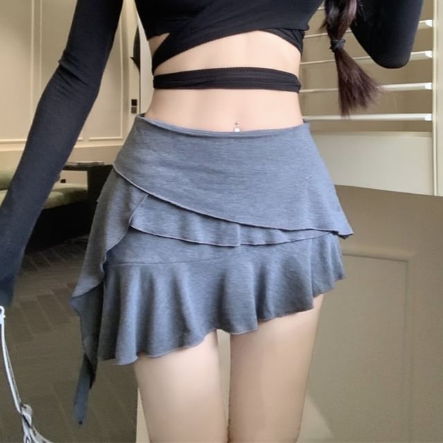 Rise Mini Plain Skirt Ruffle Asymmetrical A-Line Panel Mid