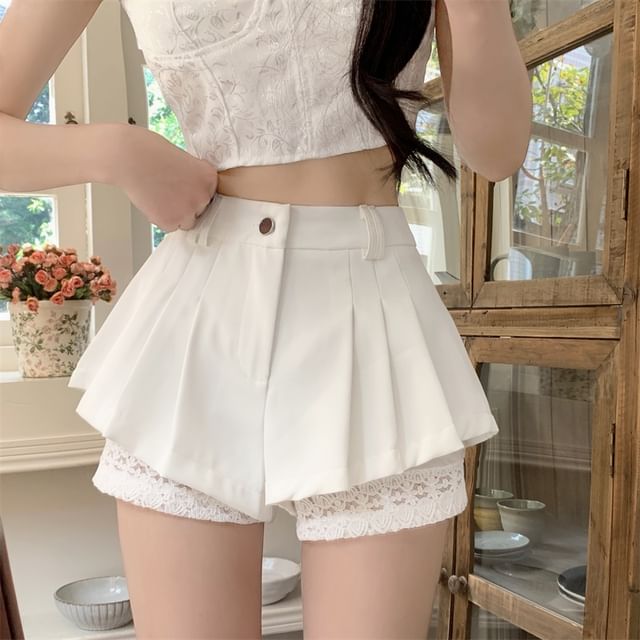 Lace High Waist Pleated Plain Panel Shorts