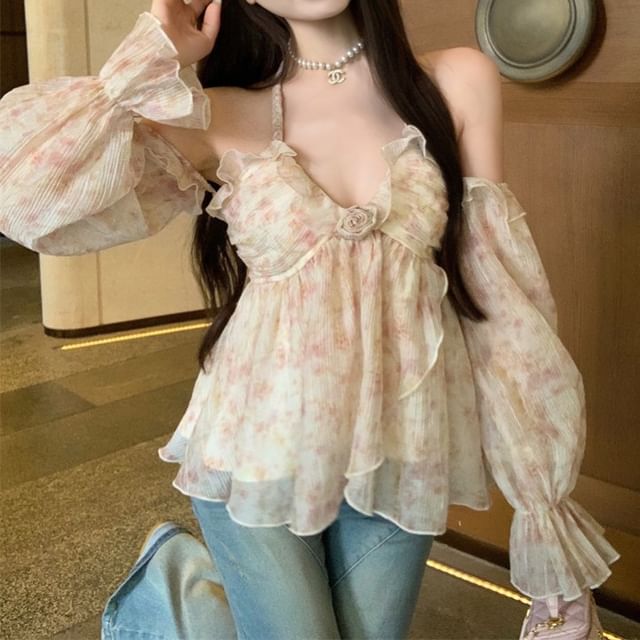 Top Halter Ruffle Floral