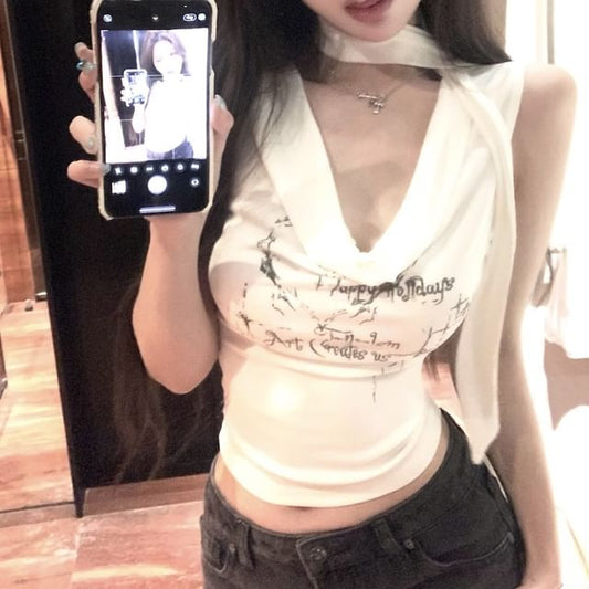 Lettering Tank Neck Crop Cowl Choker-Neck Top