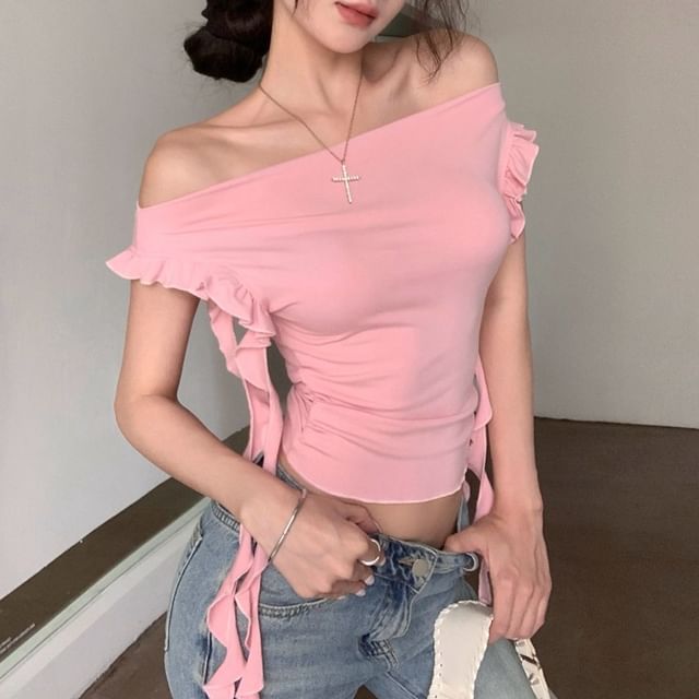 Plain Crop Ruffled T-Shirt Off-Shoulder