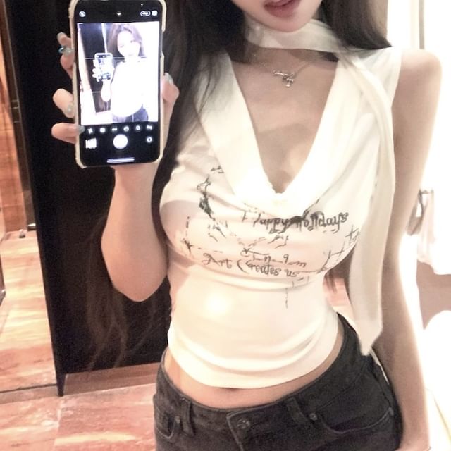 Lettering Tank Neck Crop Cowl Choker-Neck Top
