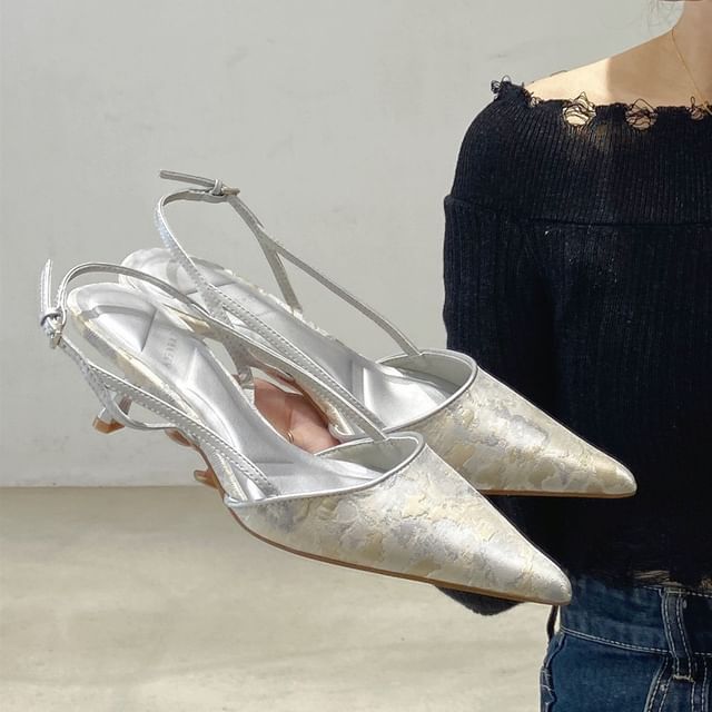 Kitten Pumps Pointed Slingback Jacquard Toe Heel