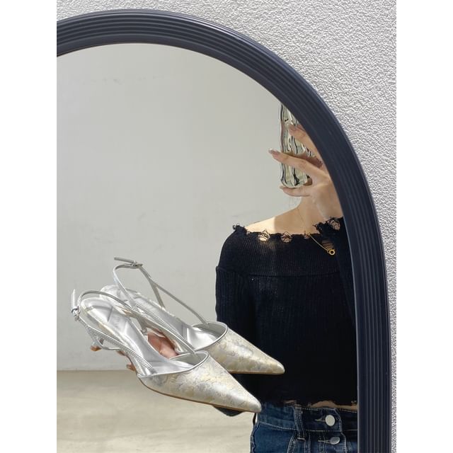 Kitten Pumps Pointed Slingback Jacquard Toe Heel