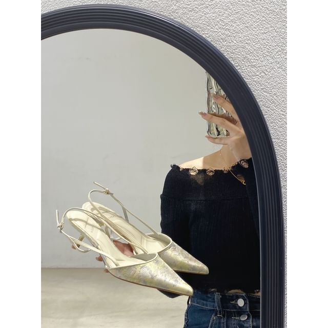 Kitten Pumps Pointed Slingback Jacquard Toe Heel