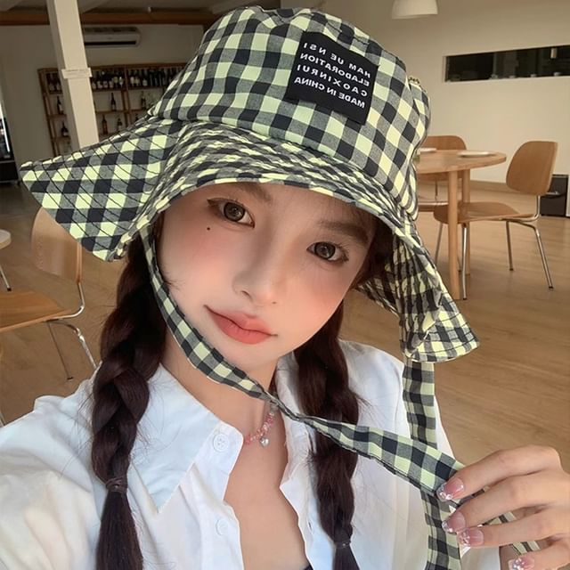 With Checkered Cotton Hat Chin Strap Bucket