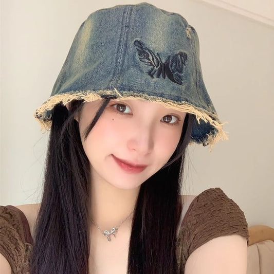 Hat Bucket With Embroidery Brim Distressed Butterfly