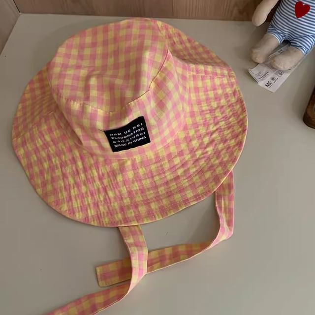 With Checkered Cotton Hat Chin Strap Bucket