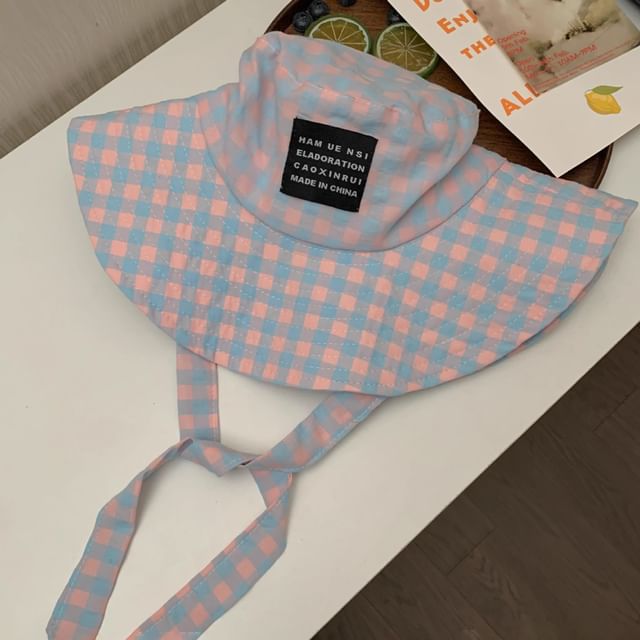 With Checkered Cotton Hat Chin Strap Bucket