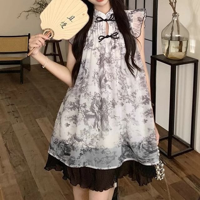 Sheer A-Line Cap-Sleeve Mini Dress Print