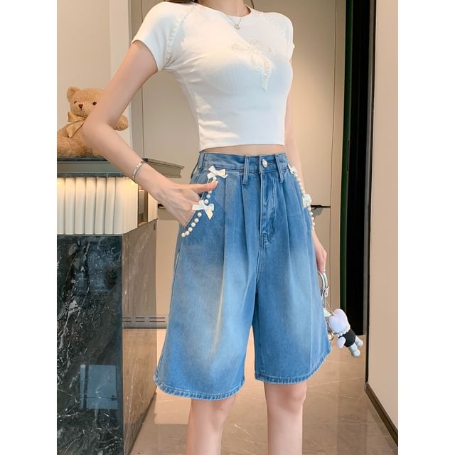 High Waist Bow Beaded Washed Denim Shorts