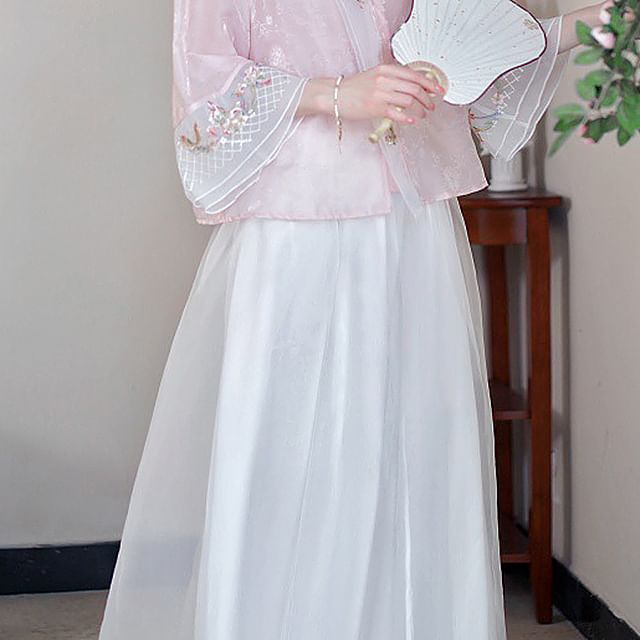 Flared-Sleeve Flower Embroidered Blouse / High Rise Plain Maxi A-Line Skirt