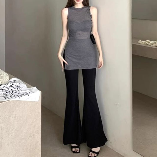 Crewneck Top Flared Sleeveless Pants / Plain