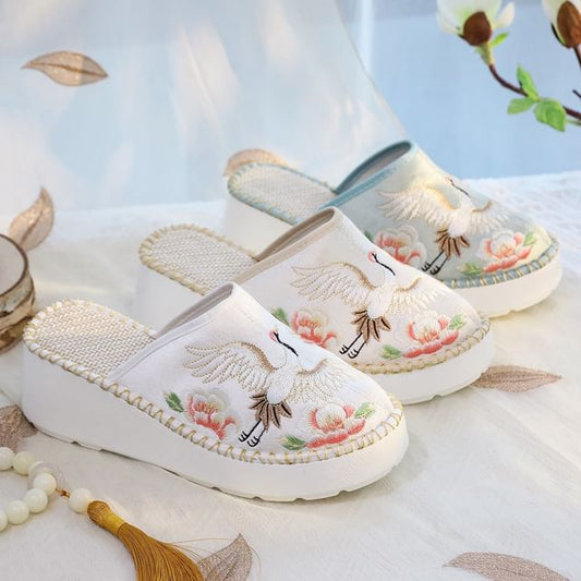 Embroidered Wedge Heel Mules