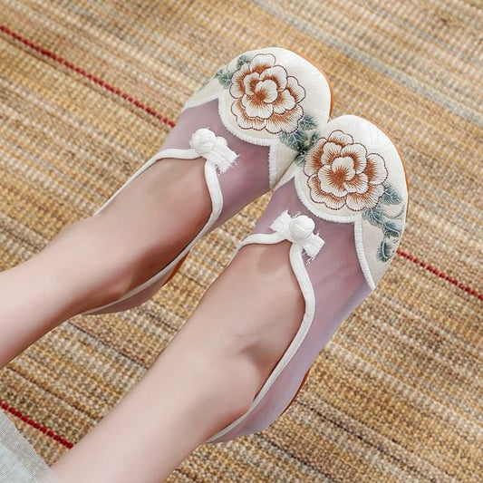 Wedge Mesh Embroidered Heel Slip-Ons