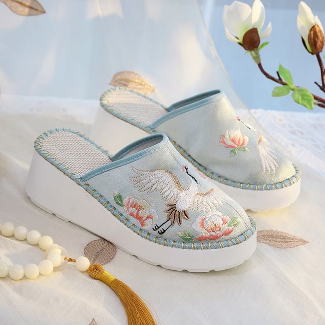 Embroidered Wedge Heel Mules