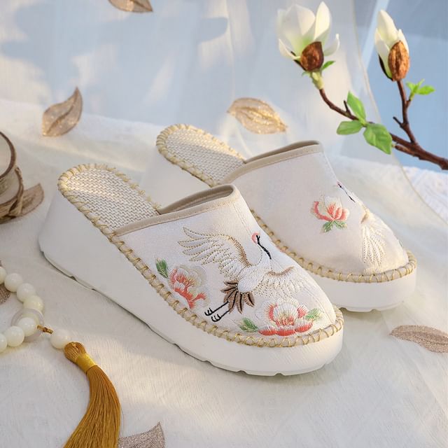 Embroidered Wedge Heel Mules