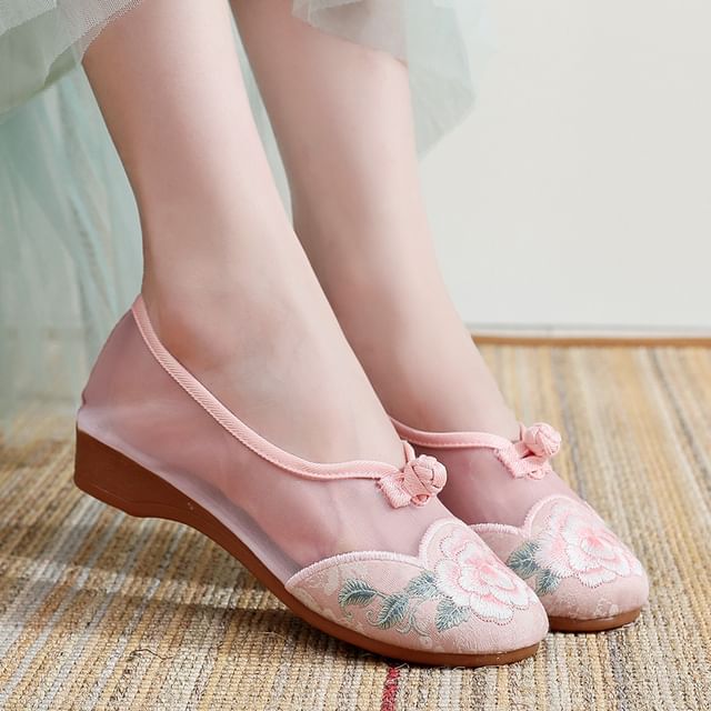 Wedge Mesh Embroidered Heel Slip-Ons