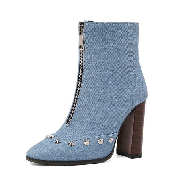 Toe Heel Boots Pointed Chunky Studded Denim Short