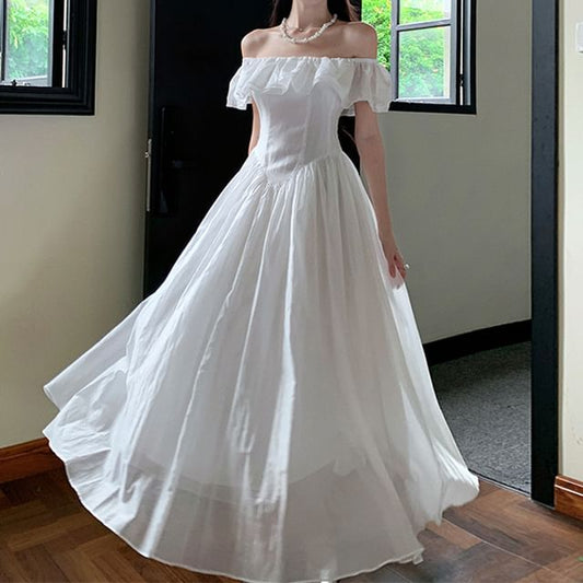 Off-Shoulder Ruffle Maxi Plain A-Line Ruched Short-Sleeve Dress Trim