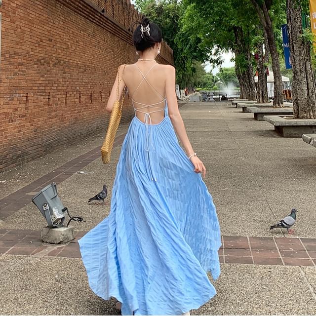 Back Neck Spaghetti Crinkle Strap Square Plain Maxi Dress A-Line Open