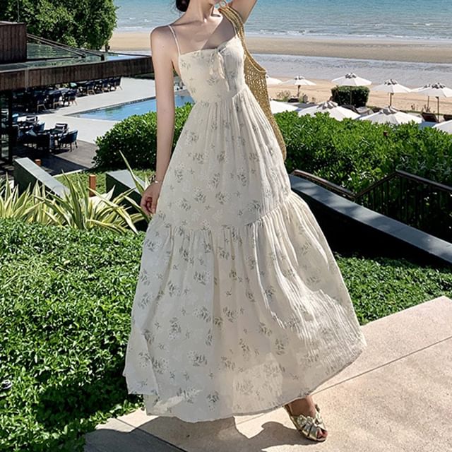 Neck Square Open Back Spaghetti Accent Floral A-Line Dress Maxi Strap Bow Print