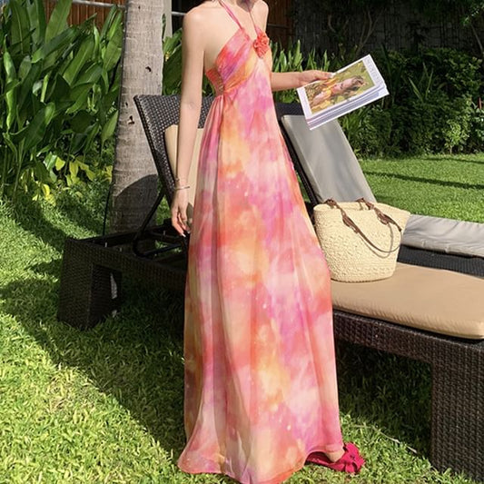 Dress Ruched Floral Neck Halter Open Dye A-Line Back Maxi Accent Tie