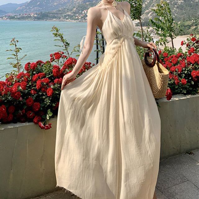 Plain Ruched A-Line Open Frill Maxi Back Dress Halter V-Neck Trim