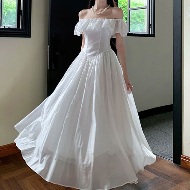 Off-Shoulder Ruffle Maxi Plain A-Line Ruched Short-Sleeve Dress Trim