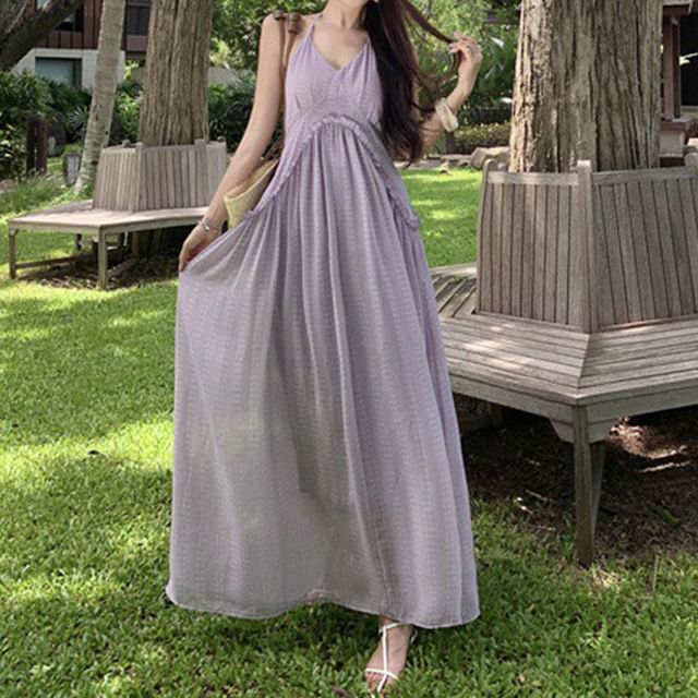 Back Trim V-Neck A-Line Halter Maxi Plain Dress Frill Open