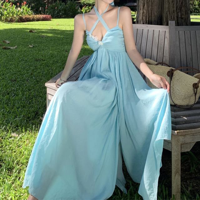 Ruched Back Dress Open Layered A-Line Floral Neck Maxi Accent Plain Halter