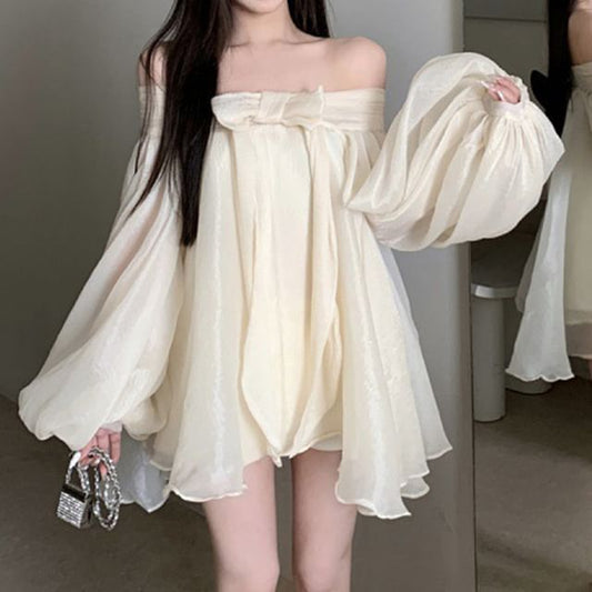 Accent Ruched Plain Long-Sleeve Bow Dress Tunic Off-Shoulder